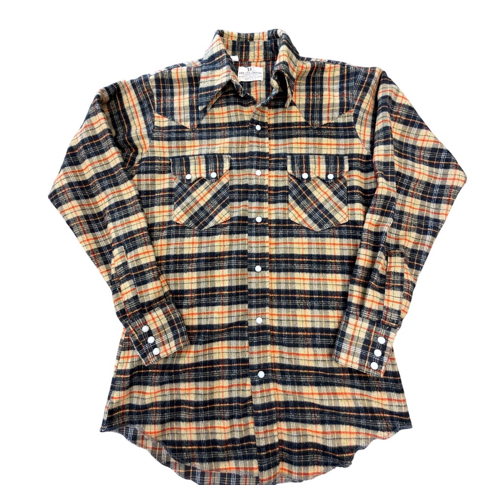 Vintage Dee Cee Brand Western Pearl Snap Shirt Plaid Flannel Tan Black Made iUSA
